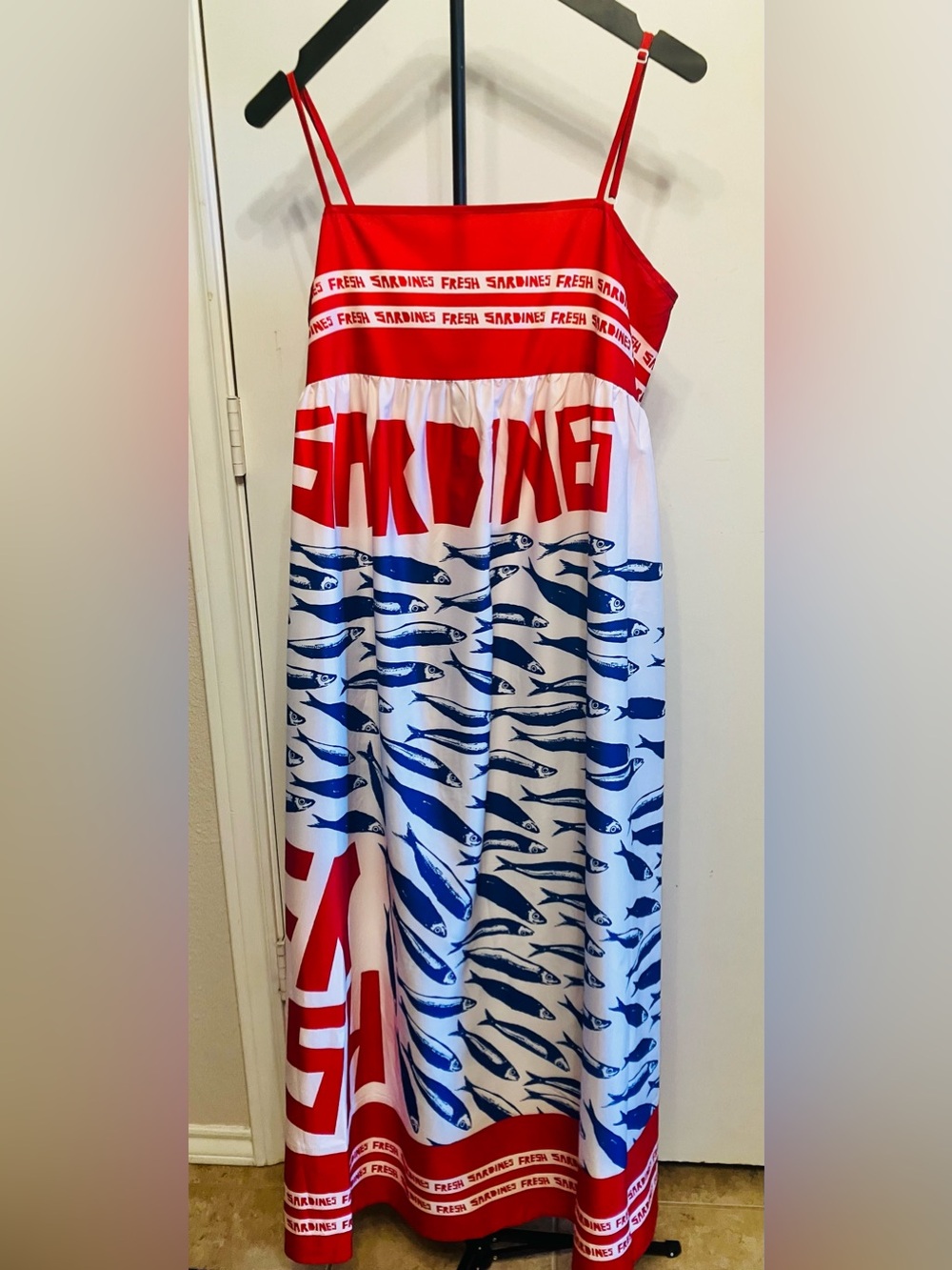 Viral TikTok Sardine Print Maxi Dress Kitsch Coastal Mediterranean - size XL